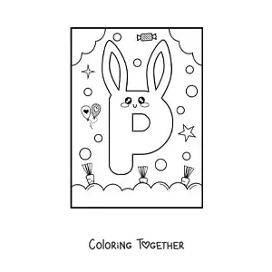 Coloring page of the letter P shaped like an animated kawaii rabbit