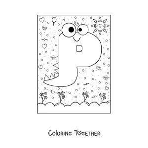 Coloring page of the animated letter P shaped like a cartoon monster