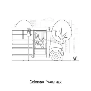 Coloring page of a bus driver at the stop