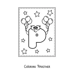 Coloring page of the animated uppercase letter P with balloons