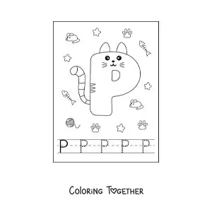 Coloring page of the animated letter P shaped like a cat