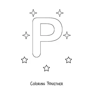Coloring page of an uppercase letter P with stars