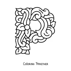 Coloring page of a decorated uppercase letter P