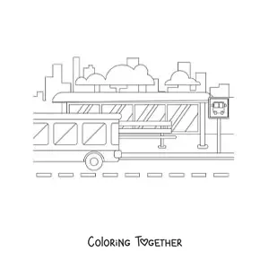 Coloring page of a bus stop in the city