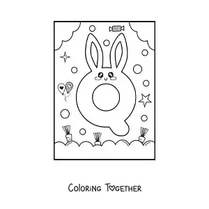 Coloring page of the letter Q shaped like an animated kawaii rabbit