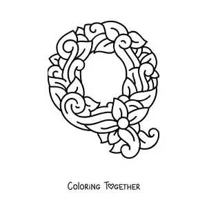Coloring page of a decorated uppercase letter Q