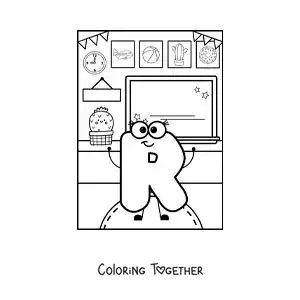 Coloring page of the cartoon letter R at school