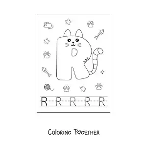 Coloring page of the cartoon letter R shaped like a cat