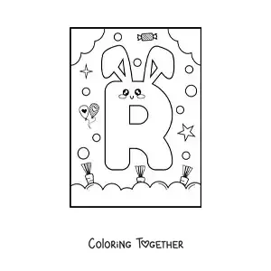 Coloring page of the letter R shaped like a cartoon kawaii rabbit