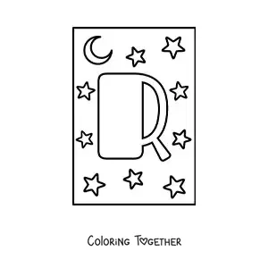 Coloring page of the uppercase letter R with stars and a moon
