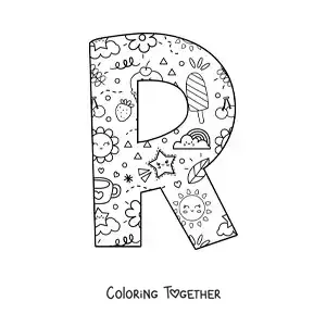 Coloring page of the letter R with cartoons