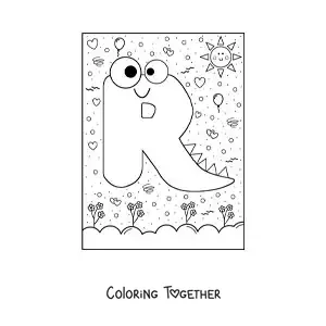 Coloring page of the cartoon letter R shaped like a monster