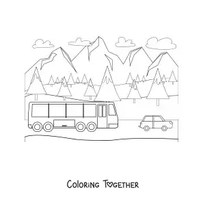 Coloring page of a travel bus driving through the mountains