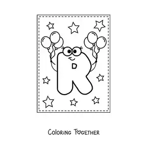 Coloring page of the cartoon uppercase letter R with balloons