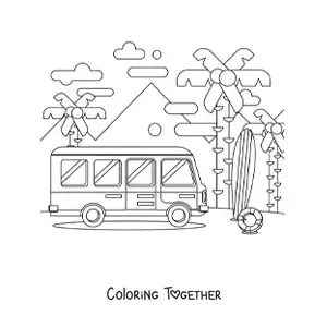 Coloring page of a travel bus at the beach