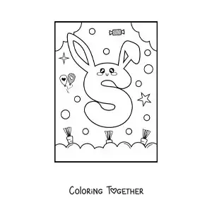 Coloring page of the letter S shaped like a cartoon kawaii rabbit