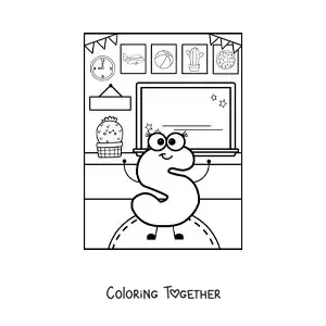 Coloring page of the cartoon letter S at school