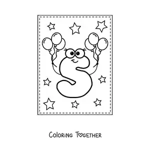 Coloring page of the cartoon uppercase letter S with balloons