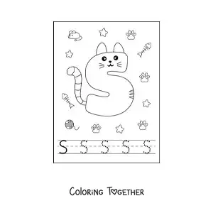 Coloring page of the cartoon letter S shaped like a cat