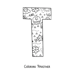 Coloring page of the letter T with cartoons