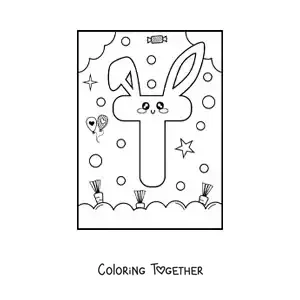 Coloring page of the letter T shaped like a cute kawaii cartoon bunny