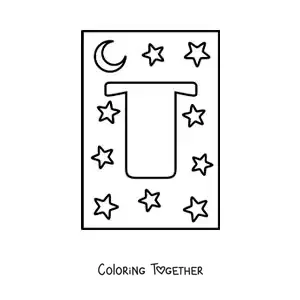 Coloring page of the uppercase letter T with stars and a moon