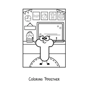 Coloring page of the cartoon letter T at school