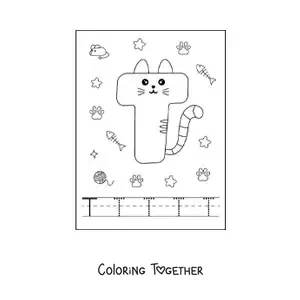 Coloring page of the cartoon letter T shaped like a cat