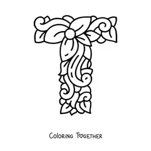 Coloring page of a decorated uppercase letter T