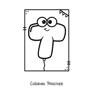 Coloring page of the cartoon letter T shaped like a balloon