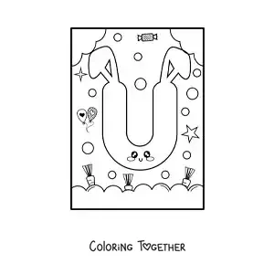 Coloring page of the letter U shaped like a cute kawaii cartoon bunny
