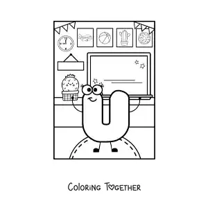 Coloring page of the cartoon letter U at school