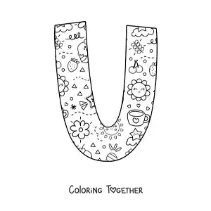 Coloring page of the letter U with cartoons