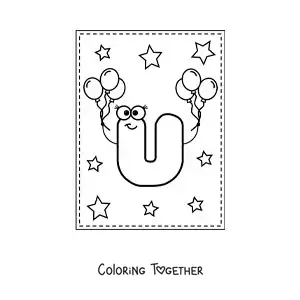 Coloring page of the cartoon uppercase letter U with balloons