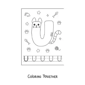 Coloring page of the cartoon letter U shaped like a cat