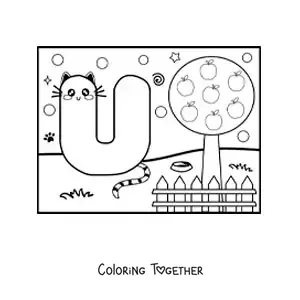 Coloring page of the cartoon letter U shaped like a cat in the park