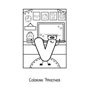 Coloring page of the cartoon letter V at school