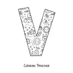 Coloring page of the letter V with cartoons