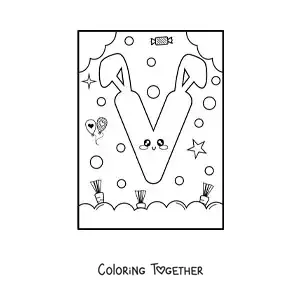 Coloring page of the letter V shaped like a cute kawaii cartoon bunny