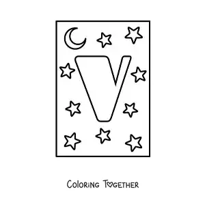 Coloring page of the uppercase letter V with stars and a moon