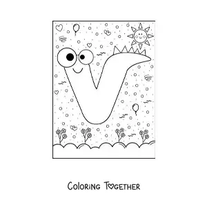 Coloring page of the cartoon letter V shaped like a monster