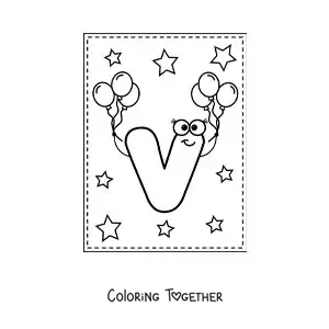 Coloring page of the cartoon uppercase letter V with balloons