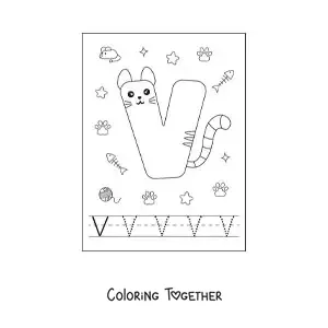 Coloring page of the cartoon letter V shaped like a cat