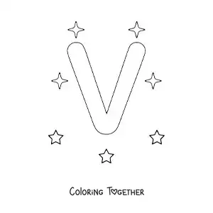 Coloring page of the uppercase letter V with stars