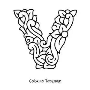 Coloring page of a decorated uppercase letter V