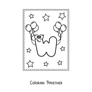 Coloring page of the cartoon uppercase letter W with balloons