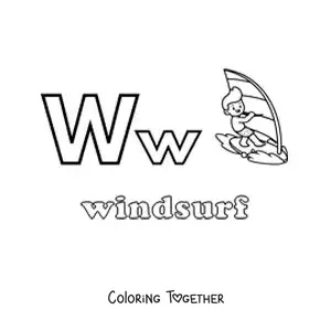 Coloring page of W for windsurfing