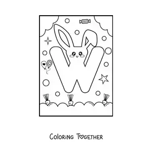 Coloring page of the letter W shaped like a cute kawaii cartoon bunny