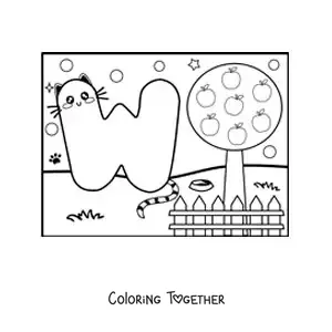 Coloring page of the cartoon letter W shaped like a cat in the park