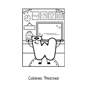 Coloring page of the cartoon letter W at school